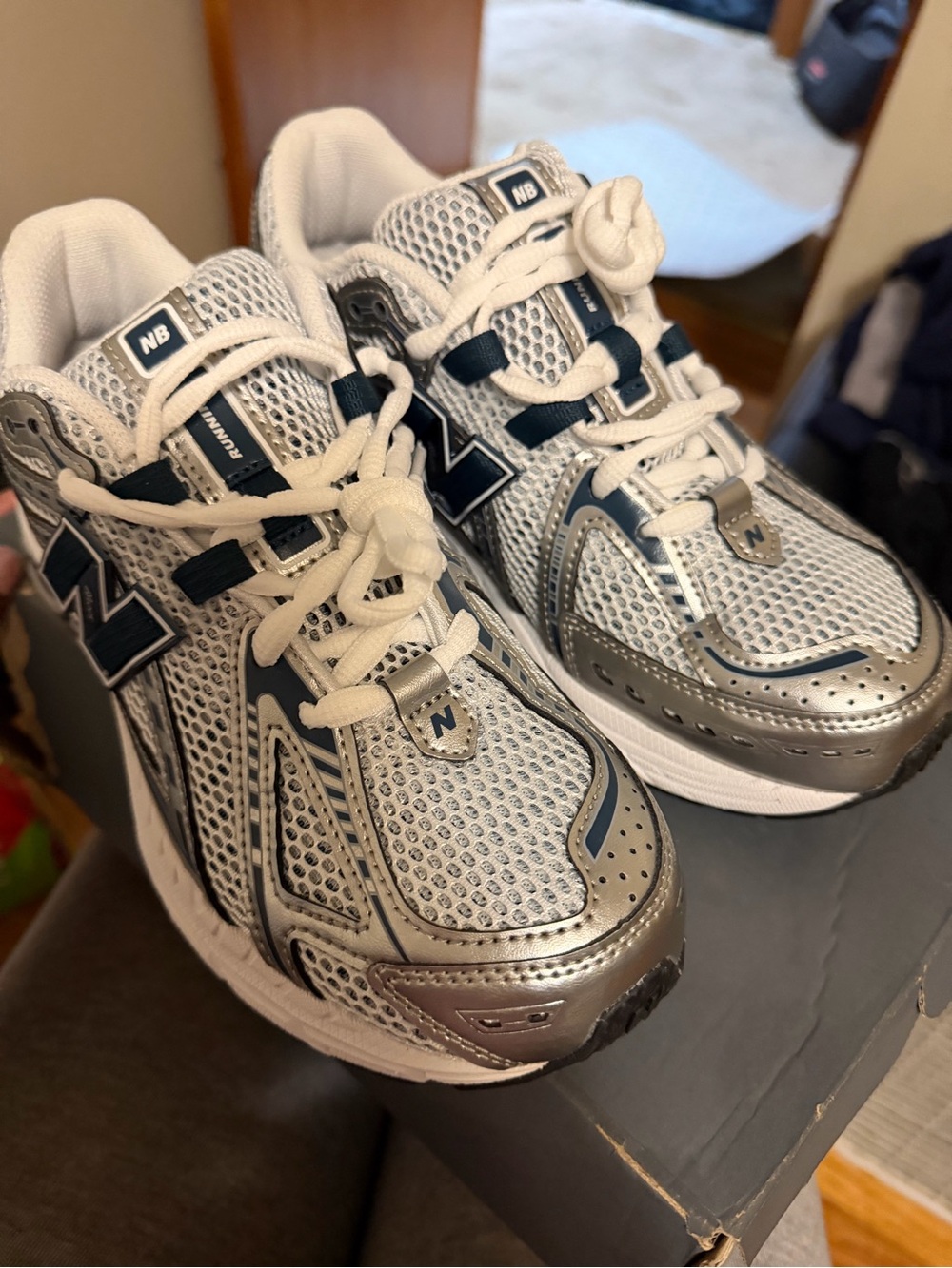 New Balance Kids Silver and Navy Mesh Sneakers